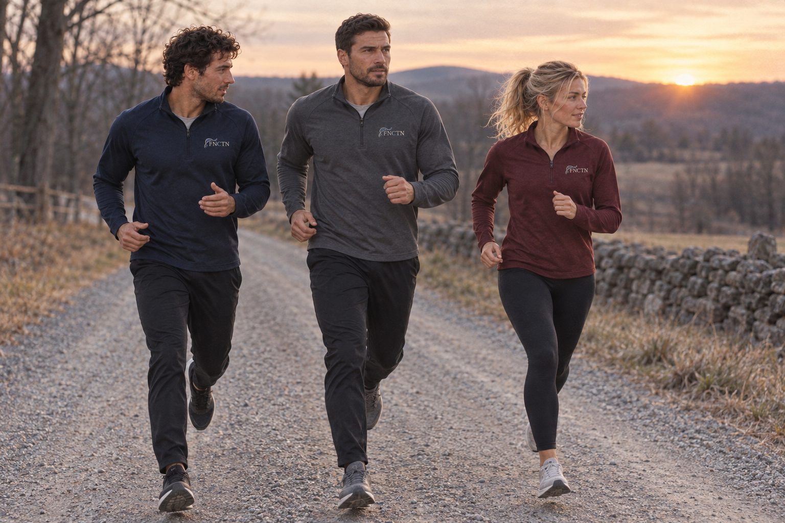 Three runners on a gravel road at sunrise in the Quarter Zip in True Navy, Charcoal Grey and Maroon