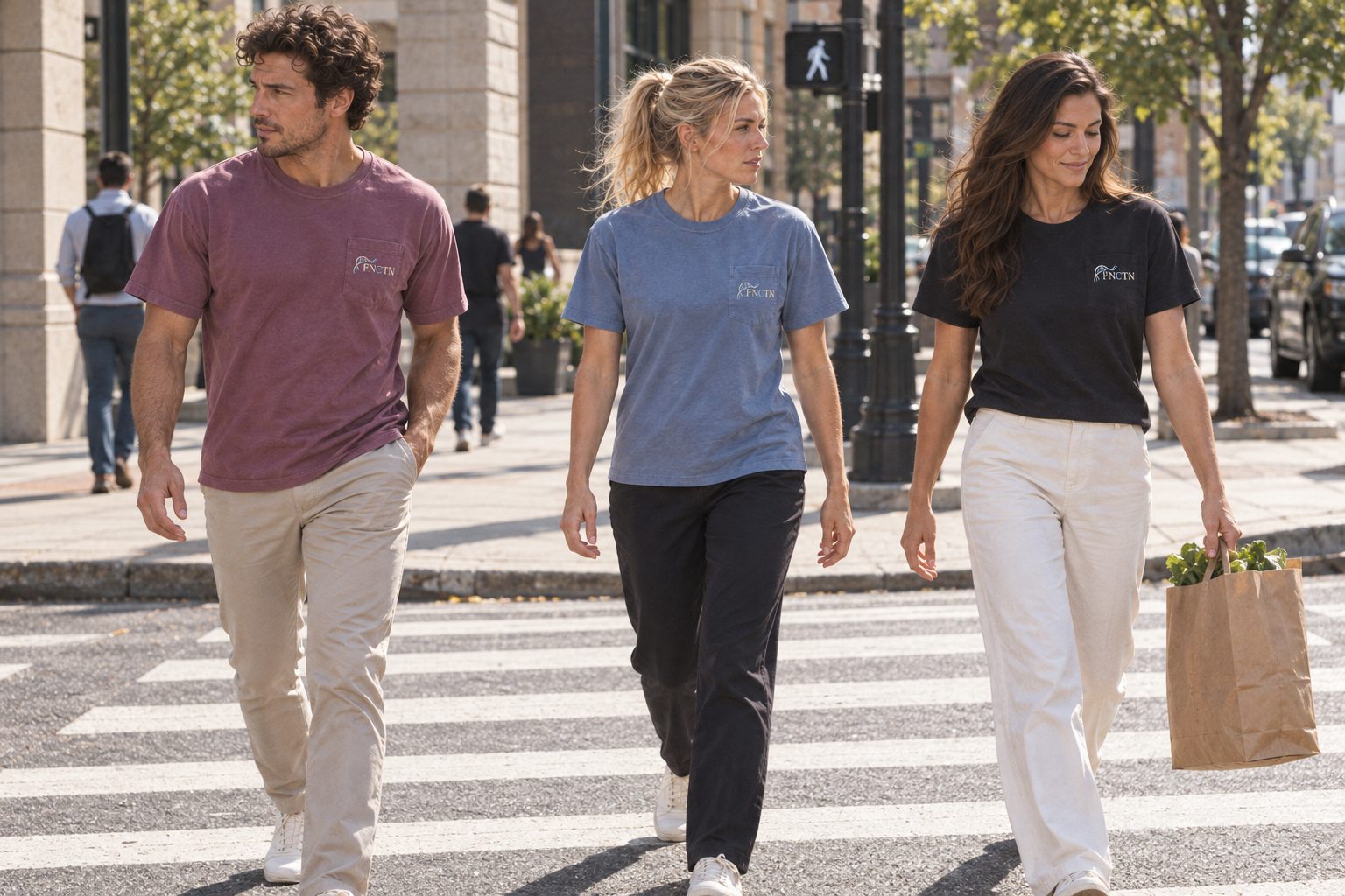 Three people crossing a downtown street in the Pocket Tee in Berry, Washed Denim and Black