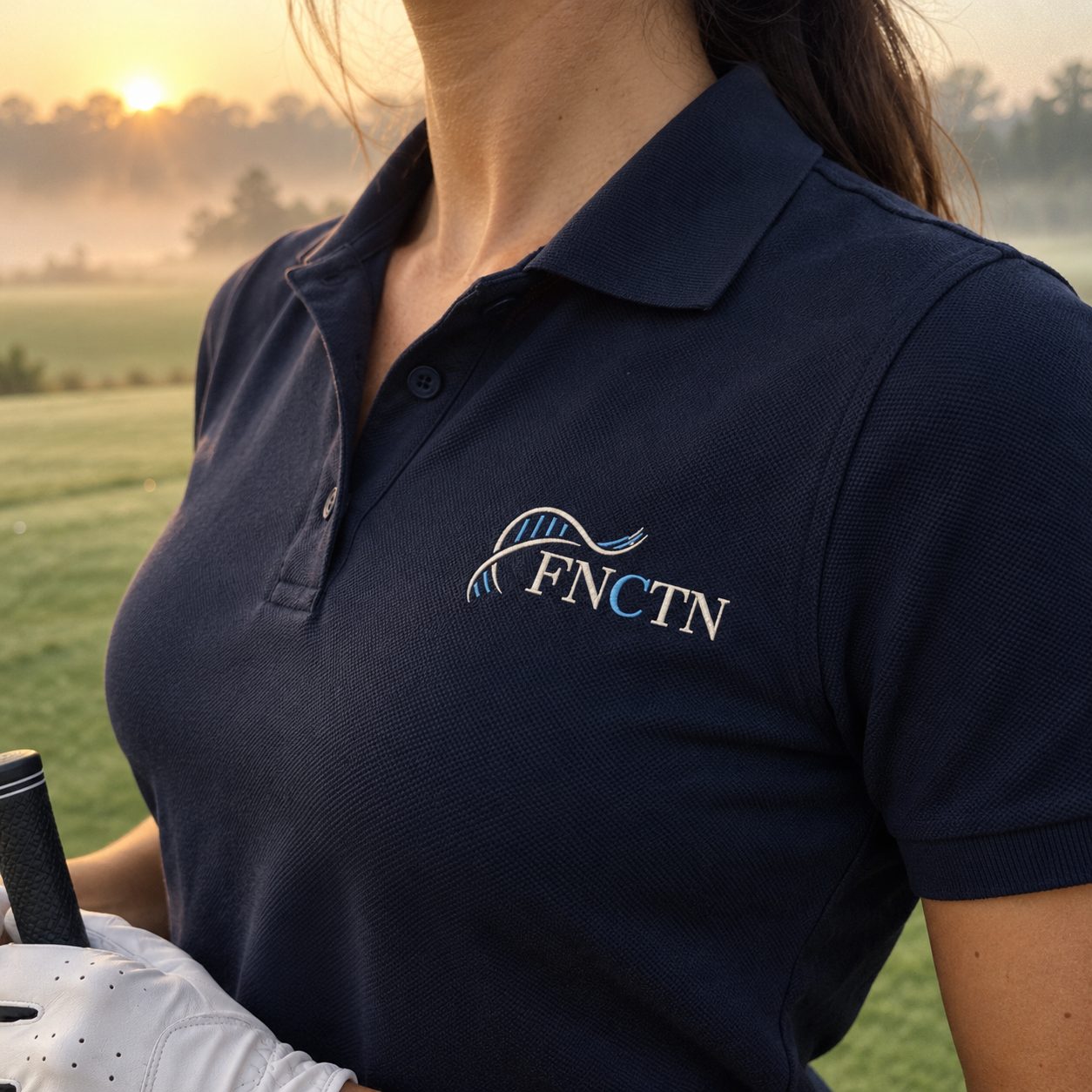 Close on the FNCTN embroidery of the Navy Helix Polo on a misty course