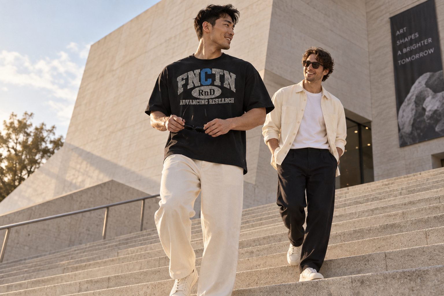 Two friends walking down museum steps in the Black Varsity Tee