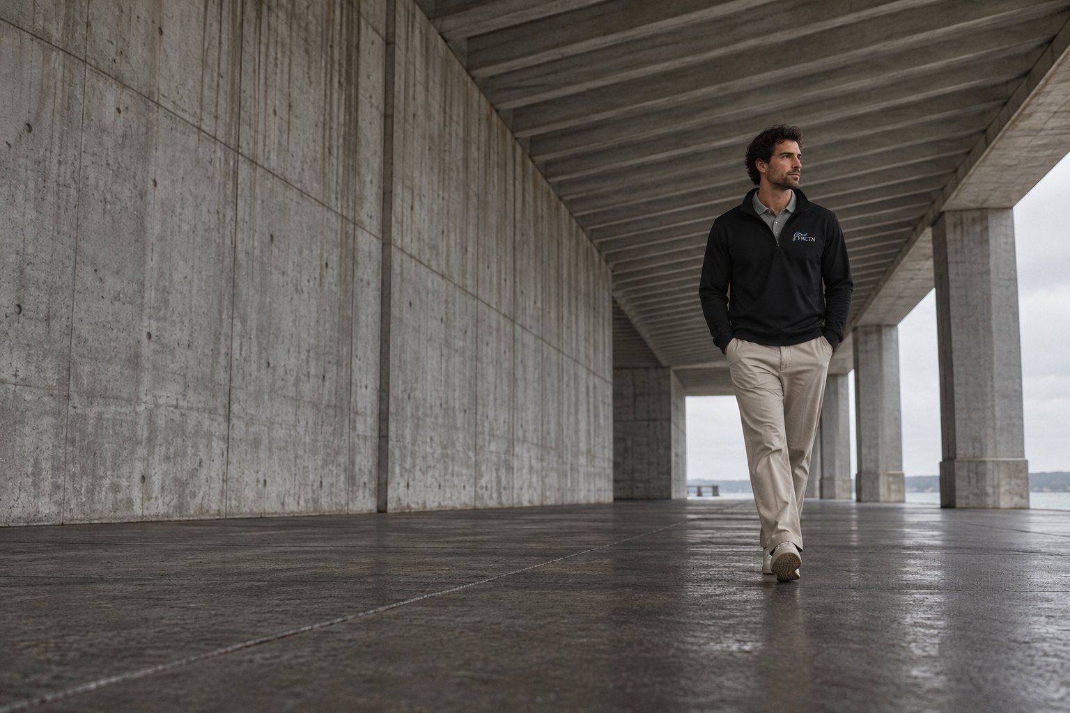 Walking out from under a concrete overpass in the Black quarter zip over the Navy polo