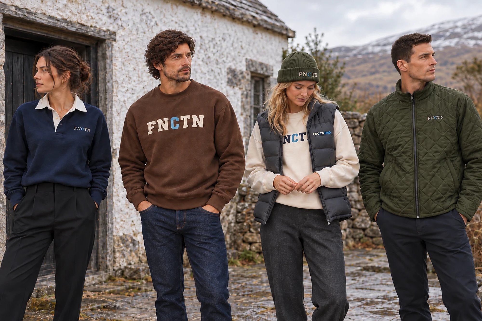 Four looks from Fall/Winter 2026 outside a Highland cottage — the Heritage Rugby in Navy, the Winter Crewneck in Brown, the Shadow Grey Puffer Vest over the Bone crewneck, and the Quilted Jacket in Townsend Green
