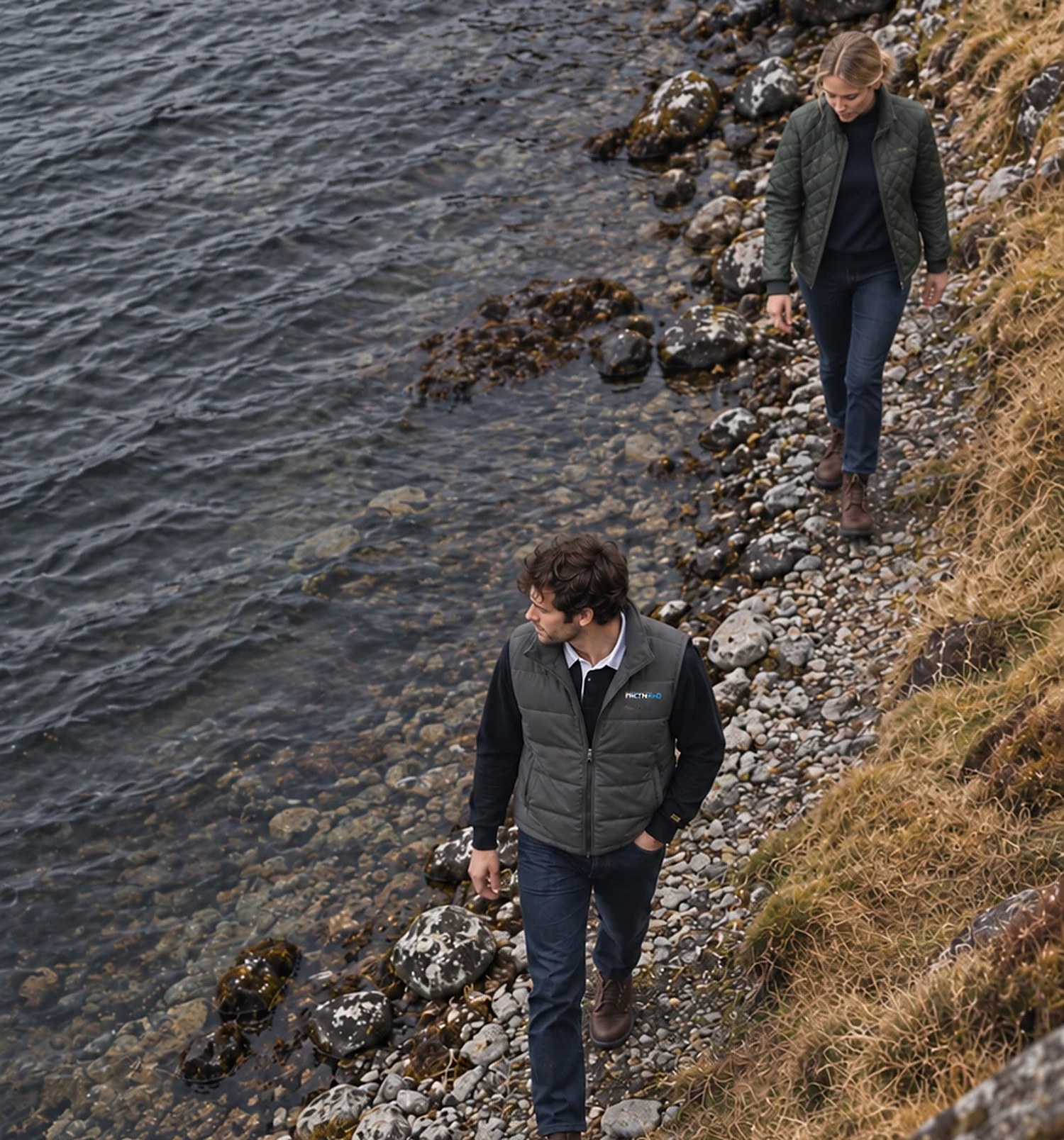 Two walkers following the shoreline of the loch in the Quilted Jacket and the Puffer Vest
